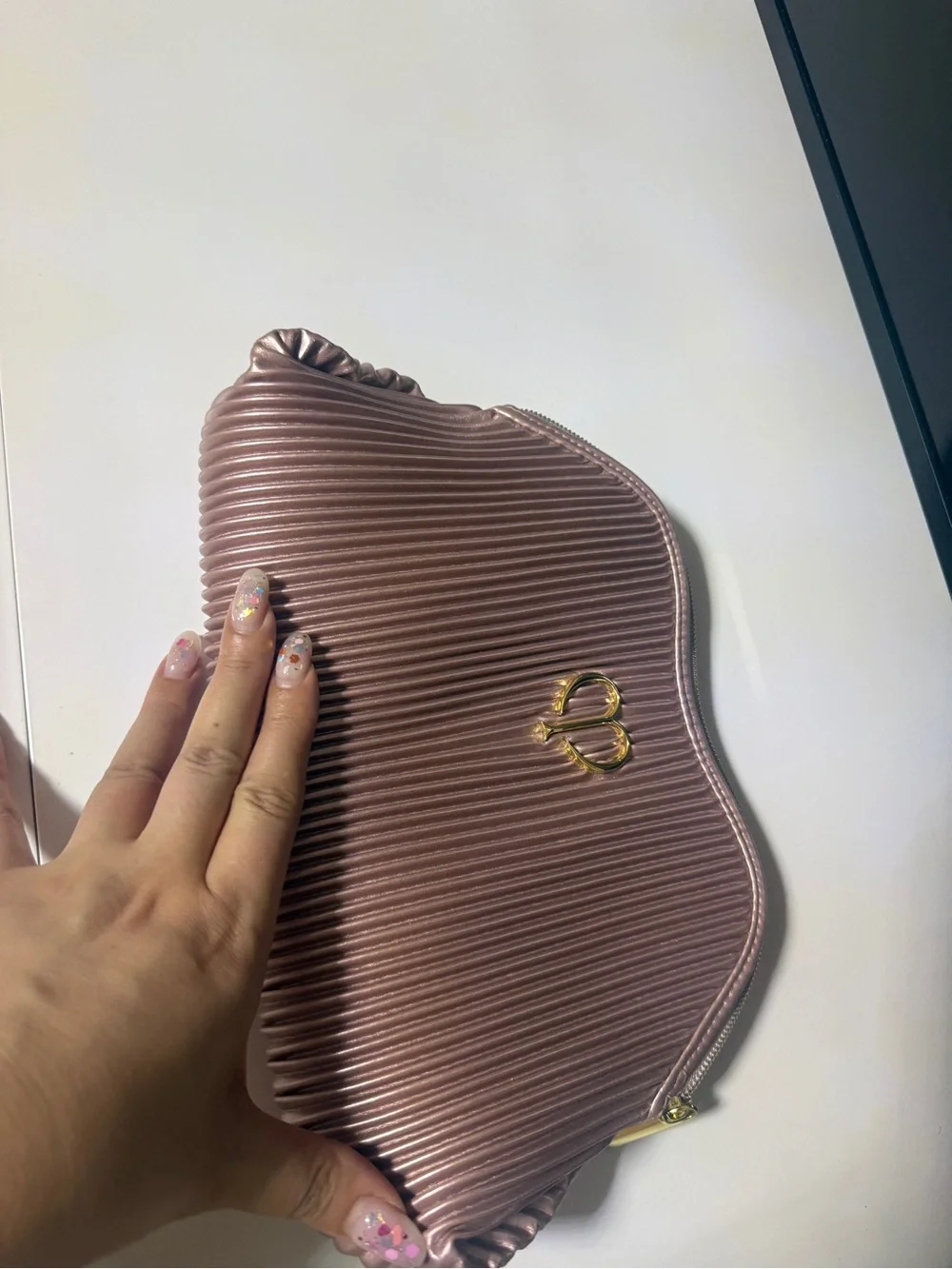 Pleated Blush Cosmetic Pouch with Gold Heart Logo